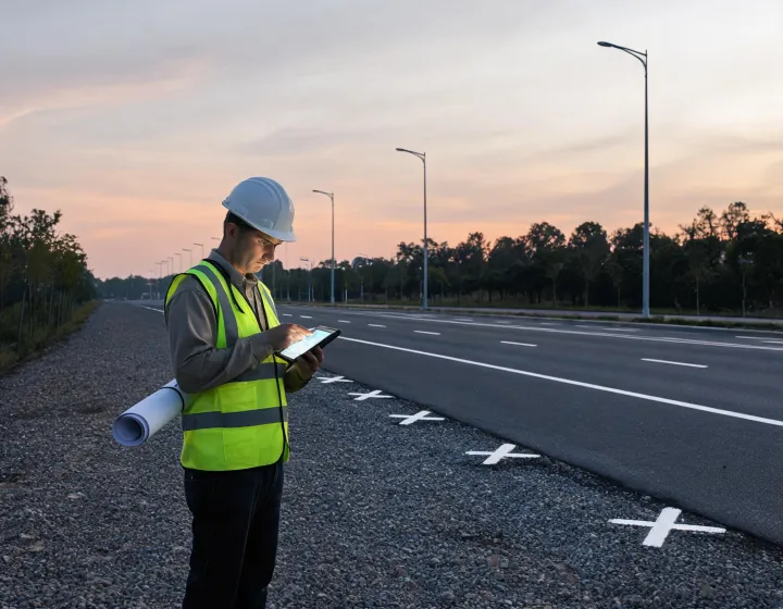 Outdoor lighting engineer surveying a roadway